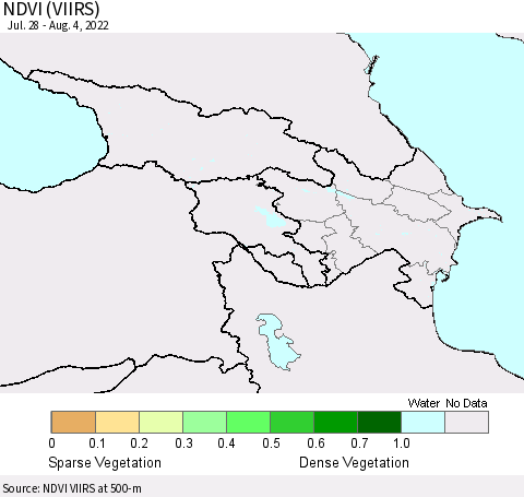 Azerbaijan, Armenia and Georgia NDVI (VIIRS) Thematic Map For 7/28/2022 - 8/4/2022