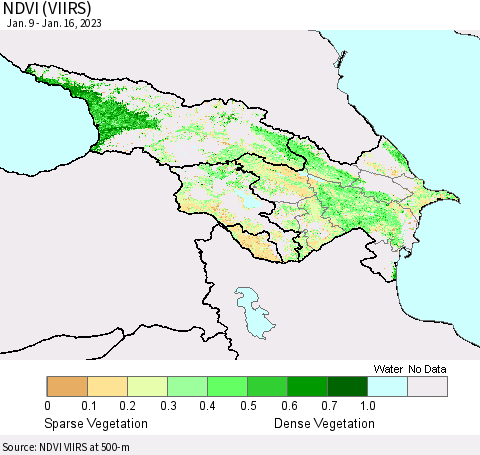 Azerbaijan, Armenia and Georgia NDVI (VIIRS) Thematic Map For 1/9/2023 - 1/16/2023