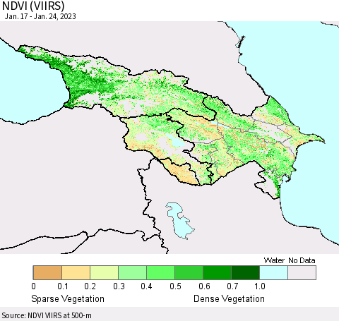 Azerbaijan, Armenia and Georgia NDVI (VIIRS) Thematic Map For 1/17/2023 - 1/24/2023