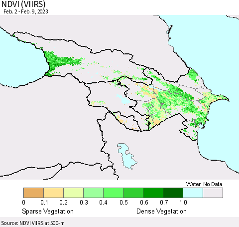 Azerbaijan, Armenia and Georgia NDVI (VIIRS) Thematic Map For 2/2/2023 - 2/9/2023