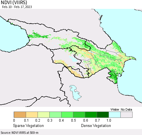 Azerbaijan, Armenia and Georgia NDVI (VIIRS) Thematic Map For 2/10/2023 - 2/17/2023