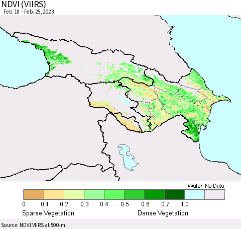 Azerbaijan, Armenia and Georgia NDVI (VIIRS) Thematic Map For 2/18/2023 - 2/25/2023