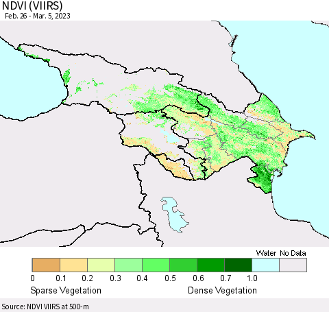 Azerbaijan, Armenia and Georgia NDVI (VIIRS) Thematic Map For 2/26/2023 - 3/5/2023