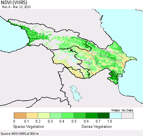 Azerbaijan, Armenia and Georgia NDVI (VIIRS) Thematic Map For 3/6/2023 - 3/13/2023