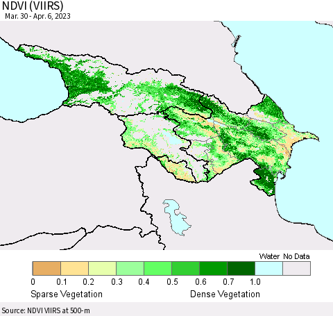 Azerbaijan, Armenia and Georgia NDVI (VIIRS) Thematic Map For 3/30/2023 - 4/6/2023