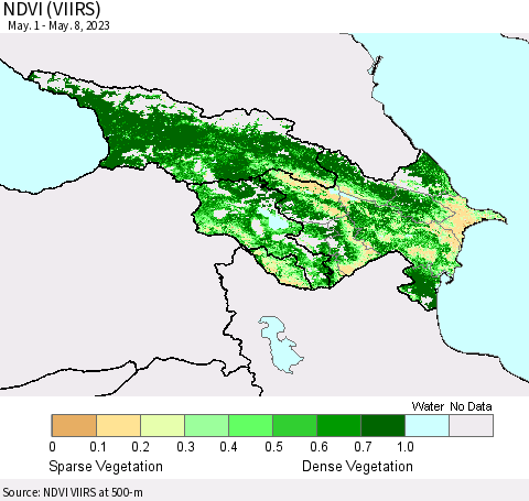 Azerbaijan, Armenia and Georgia NDVI (VIIRS) Thematic Map For 5/1/2023 - 5/8/2023