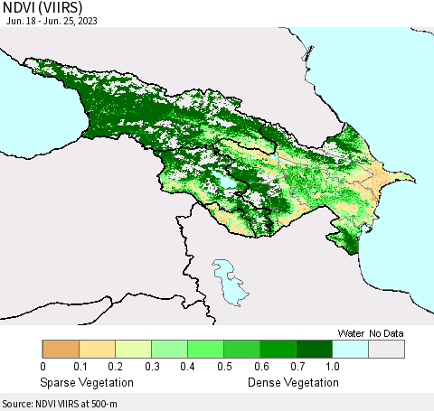 Azerbaijan, Armenia and Georgia NDVI (VIIRS) Thematic Map For 6/18/2023 - 6/25/2023