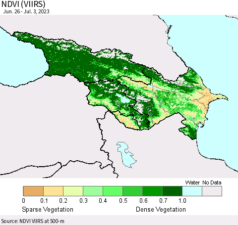 Azerbaijan, Armenia and Georgia NDVI (VIIRS) Thematic Map For 6/26/2023 - 7/3/2023