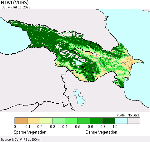 Azerbaijan, Armenia and Georgia NDVI (VIIRS) Thematic Map For 7/4/2023 - 7/11/2023