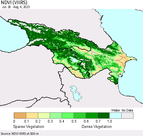 Azerbaijan, Armenia and Georgia NDVI (VIIRS) Thematic Map For 7/28/2023 - 8/4/2023