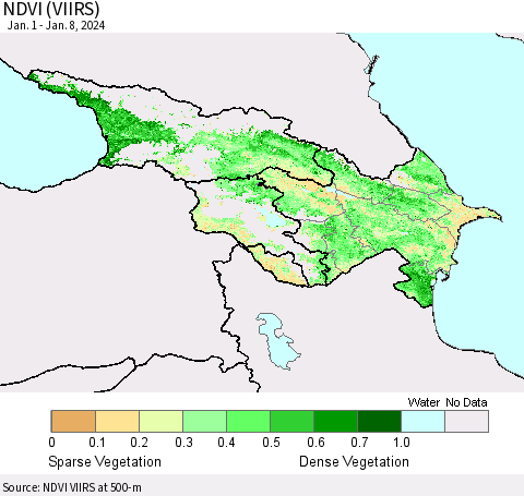 Azerbaijan, Armenia and Georgia NDVI (VIIRS) Thematic Map For 1/1/2024 - 1/8/2024