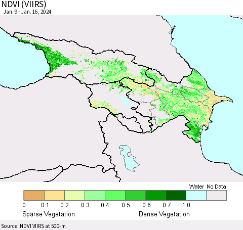 Azerbaijan, Armenia and Georgia NDVI (VIIRS) Thematic Map For 1/9/2024 - 1/16/2024