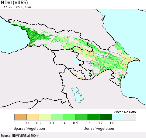 Azerbaijan, Armenia and Georgia NDVI (VIIRS) Thematic Map For 1/25/2024 - 2/1/2024