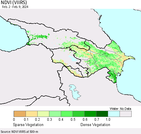 Azerbaijan, Armenia and Georgia NDVI (VIIRS) Thematic Map For 2/2/2024 - 2/9/2024