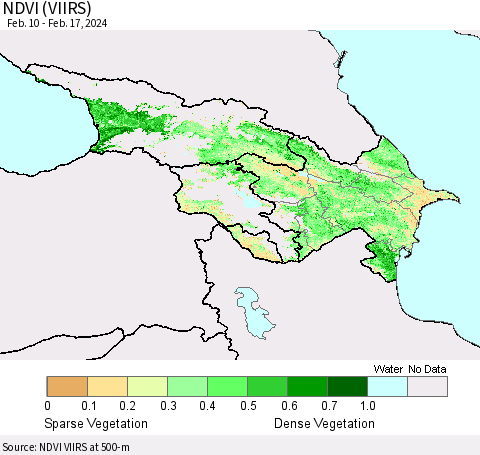 Azerbaijan, Armenia and Georgia NDVI (VIIRS) Thematic Map For 2/10/2024 - 2/17/2024