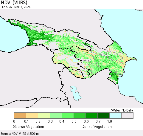Azerbaijan, Armenia and Georgia NDVI (VIIRS) Thematic Map For 2/26/2024 - 3/4/2024