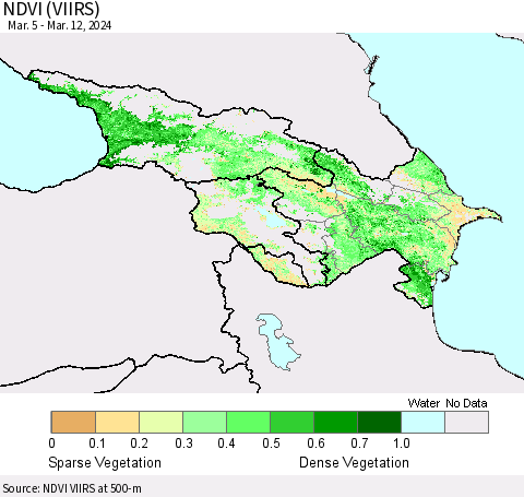 Azerbaijan, Armenia and Georgia NDVI (VIIRS) Thematic Map For 3/5/2024 - 3/12/2024