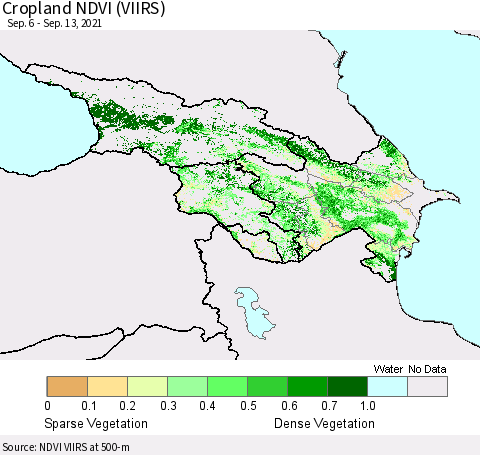 Azerbaijan, Armenia and Georgia Cropland NDVI (VIIRS) Thematic Map For 9/6/2021 - 9/13/2021