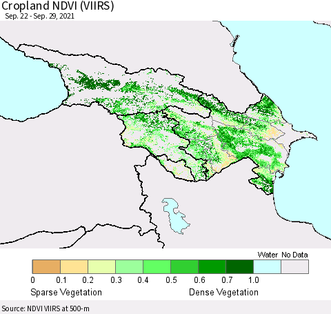 Azerbaijan, Armenia and Georgia Cropland NDVI (VIIRS) Thematic Map For 9/22/2021 - 9/29/2021