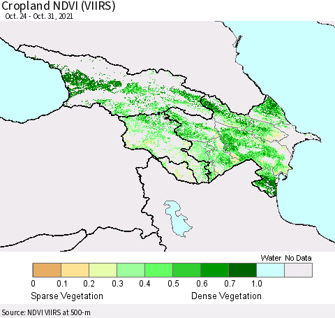 Azerbaijan, Armenia and Georgia Cropland NDVI (VIIRS) Thematic Map For 10/24/2021 - 10/31/2021