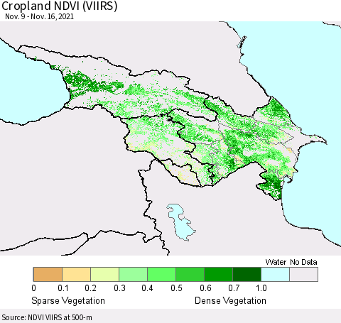 Azerbaijan, Armenia and Georgia Cropland NDVI (VIIRS) Thematic Map For 11/9/2021 - 11/16/2021