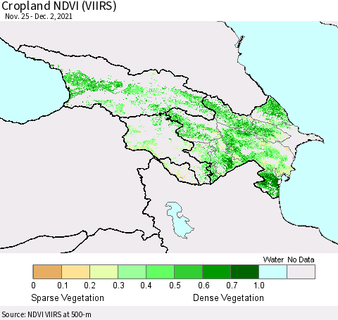 Azerbaijan, Armenia and Georgia Cropland NDVI (VIIRS) Thematic Map For 11/25/2021 - 12/2/2021