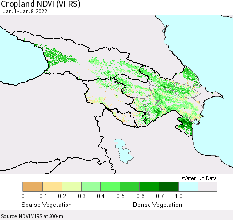 Azerbaijan, Armenia and Georgia Cropland NDVI (VIIRS) Thematic Map For 1/1/2022 - 1/8/2022