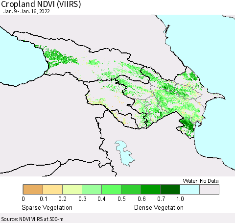 Azerbaijan, Armenia and Georgia Cropland NDVI (VIIRS) Thematic Map For 1/9/2022 - 1/16/2022