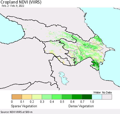 Azerbaijan, Armenia and Georgia Cropland NDVI (VIIRS) Thematic Map For 2/2/2022 - 2/9/2022