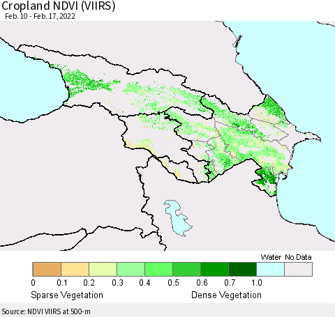 Azerbaijan, Armenia and Georgia Cropland NDVI (VIIRS) Thematic Map For 2/10/2022 - 2/17/2022
