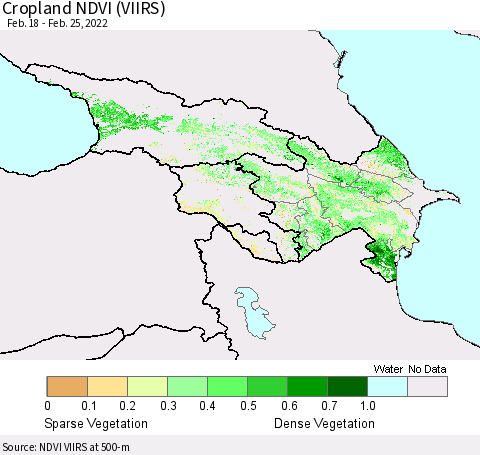 Azerbaijan, Armenia and Georgia Cropland NDVI (VIIRS) Thematic Map For 2/18/2022 - 2/25/2022