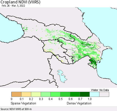 Azerbaijan, Armenia and Georgia Cropland NDVI (VIIRS) Thematic Map For 2/26/2022 - 3/5/2022