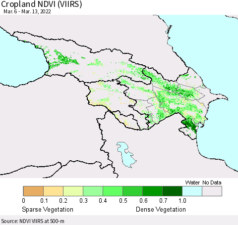 Azerbaijan, Armenia and Georgia Cropland NDVI (VIIRS) Thematic Map For 3/6/2022 - 3/13/2022
