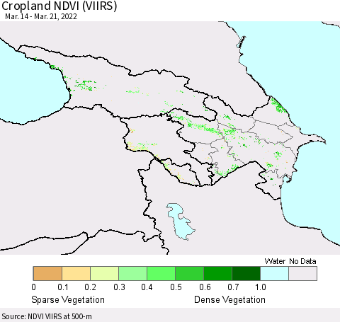 Azerbaijan, Armenia and Georgia Cropland NDVI (VIIRS) Thematic Map For 3/14/2022 - 3/21/2022