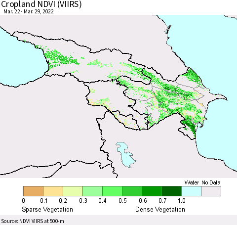 Azerbaijan, Armenia and Georgia Cropland NDVI (VIIRS) Thematic Map For 3/22/2022 - 3/29/2022