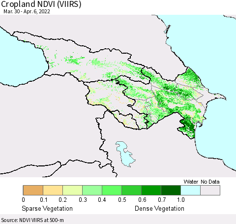 Azerbaijan, Armenia and Georgia Cropland NDVI (VIIRS) Thematic Map For 3/30/2022 - 4/6/2022