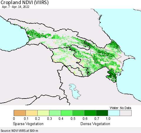 Azerbaijan, Armenia and Georgia Cropland NDVI (VIIRS) Thematic Map For 4/7/2022 - 4/14/2022