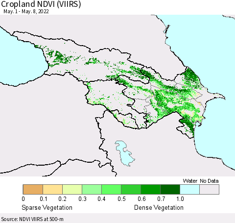 Azerbaijan, Armenia and Georgia Cropland NDVI (VIIRS) Thematic Map For 5/1/2022 - 5/8/2022