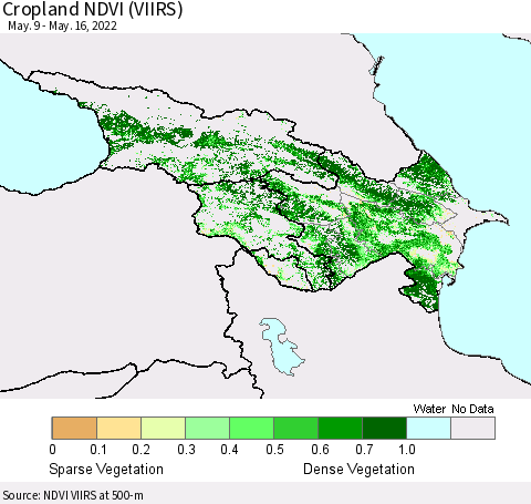 Azerbaijan, Armenia and Georgia Cropland NDVI (VIIRS) Thematic Map For 5/9/2022 - 5/16/2022