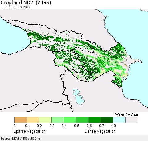 Azerbaijan, Armenia and Georgia Cropland NDVI (VIIRS) Thematic Map For 6/2/2022 - 6/9/2022