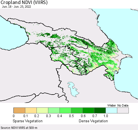 Azerbaijan, Armenia and Georgia Cropland NDVI (VIIRS) Thematic Map For 6/18/2022 - 6/25/2022