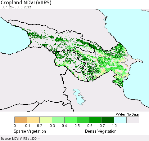 Azerbaijan, Armenia and Georgia Cropland NDVI (VIIRS) Thematic Map For 6/26/2022 - 7/3/2022