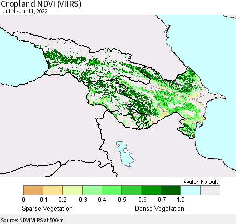 Azerbaijan, Armenia and Georgia Cropland NDVI (VIIRS) Thematic Map For 7/4/2022 - 7/11/2022