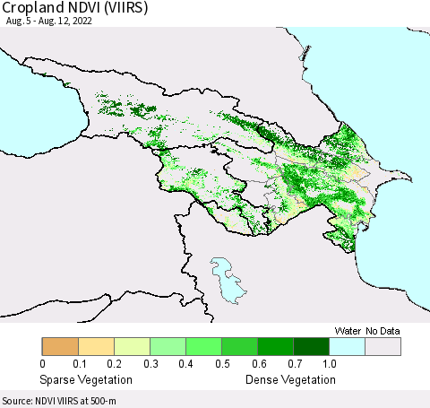 Azerbaijan, Armenia and Georgia Cropland NDVI (VIIRS) Thematic Map For 8/5/2022 - 8/12/2022