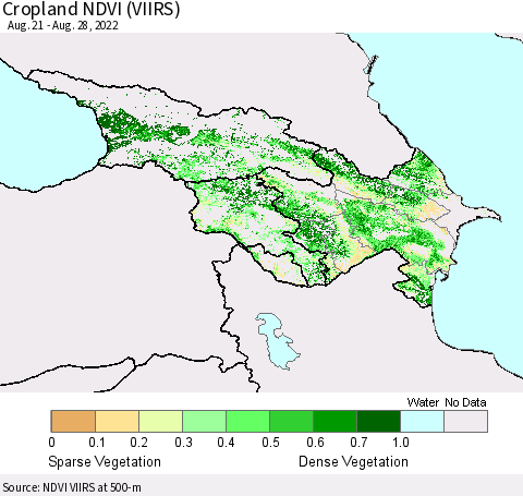 Azerbaijan, Armenia and Georgia Cropland NDVI (VIIRS) Thematic Map For 8/21/2022 - 8/28/2022