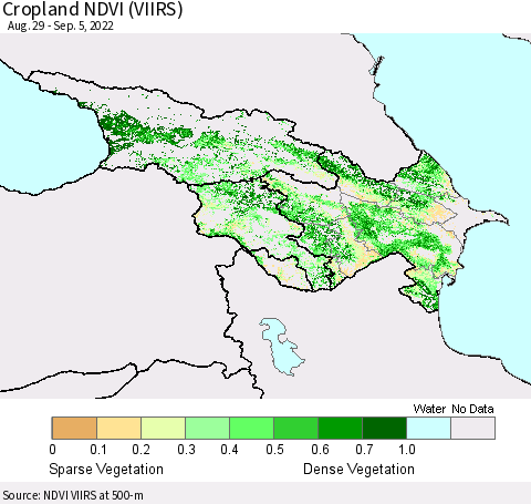 Azerbaijan, Armenia and Georgia Cropland NDVI (VIIRS) Thematic Map For 8/29/2022 - 9/5/2022