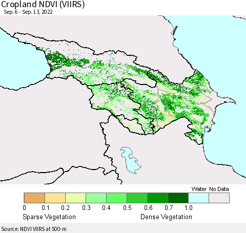 Azerbaijan, Armenia and Georgia Cropland NDVI (VIIRS) Thematic Map For 9/6/2022 - 9/13/2022