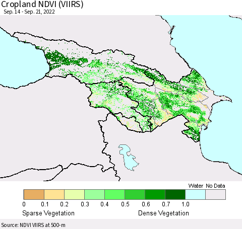 Azerbaijan, Armenia and Georgia Cropland NDVI (VIIRS) Thematic Map For 9/14/2022 - 9/21/2022