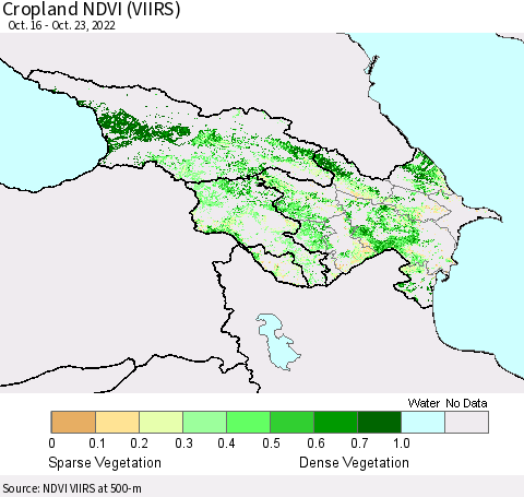Azerbaijan, Armenia and Georgia Cropland NDVI (VIIRS) Thematic Map For 10/16/2022 - 10/23/2022
