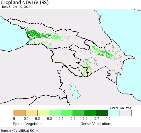 Azerbaijan, Armenia and Georgia Cropland NDVI (VIIRS) Thematic Map For 12/3/2022 - 12/10/2022